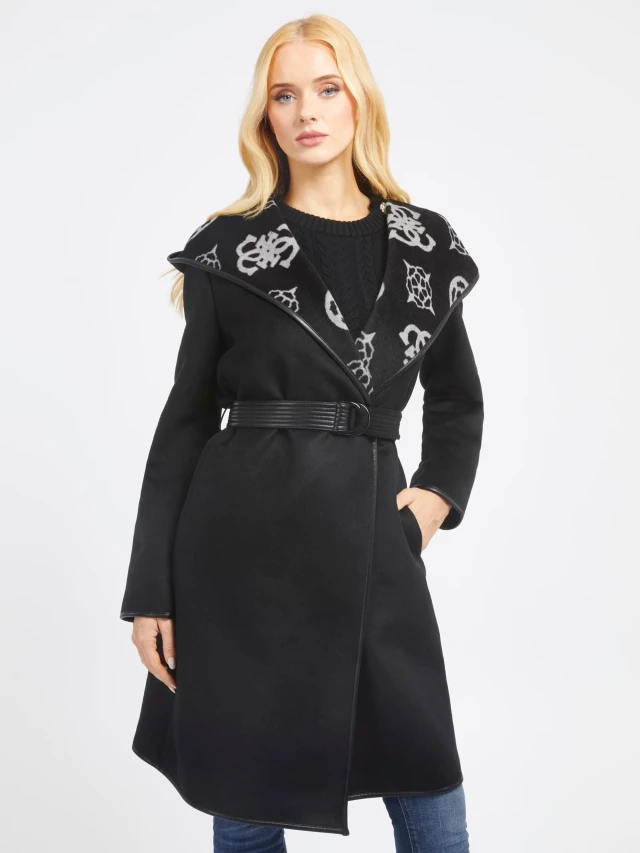 Guess Ludovica Logo Wrap C Γυναικείο Παλτο Μαυρο