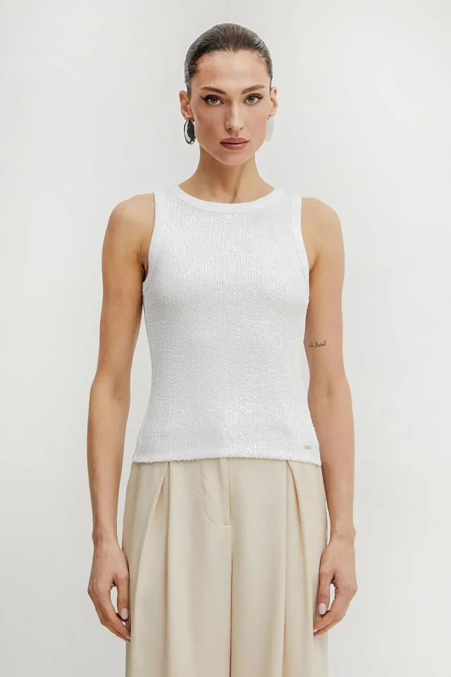 Guess Alexia Sequins Tank Top Γυναικεία Μπλούζα Λευκή