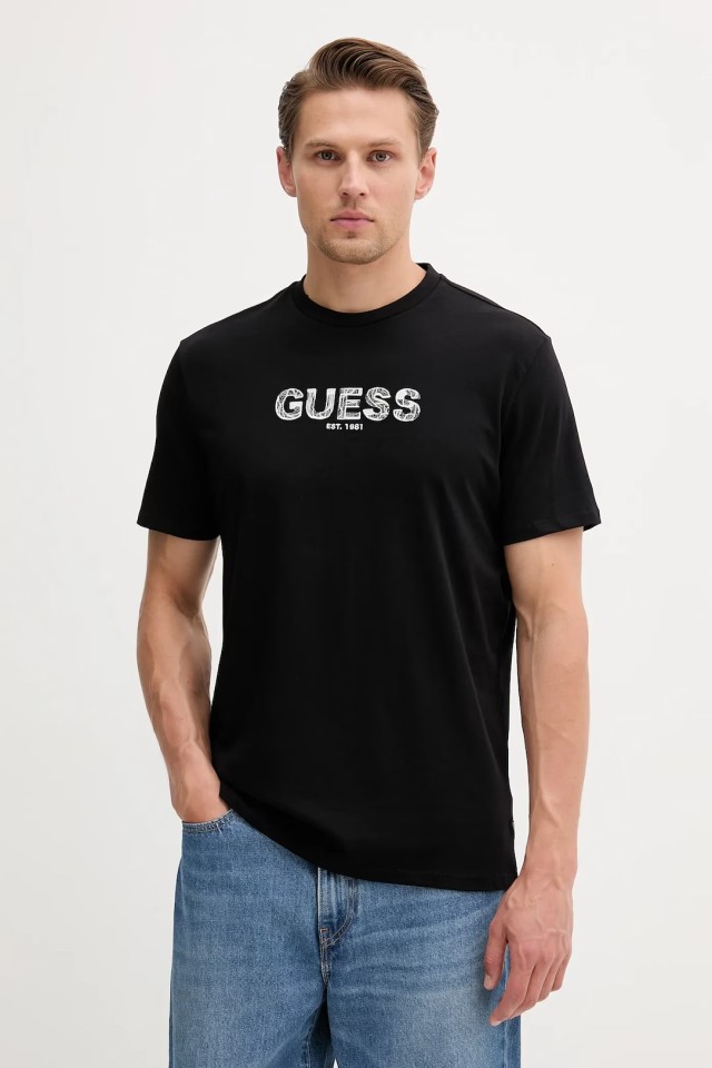 Guess Ss Bsc Guess Embroidery Logo Ανδρική Μπλούζα Μαύρη