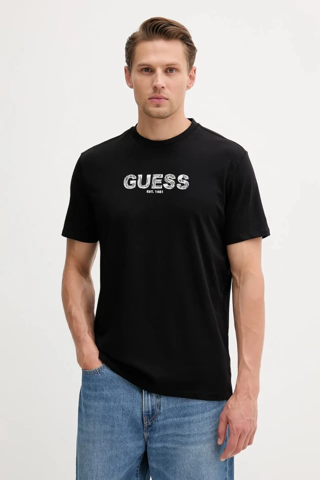 Guess Ss Bsc Guess Embroidery Logo Ανδρική Μπλούζα Μαύρη