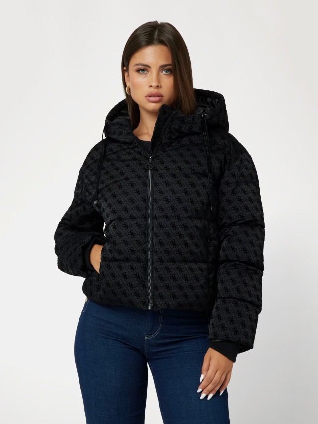 Guess Daisy Puffer Logo Fl Γυναικείο Μπουφάν Μαύρο