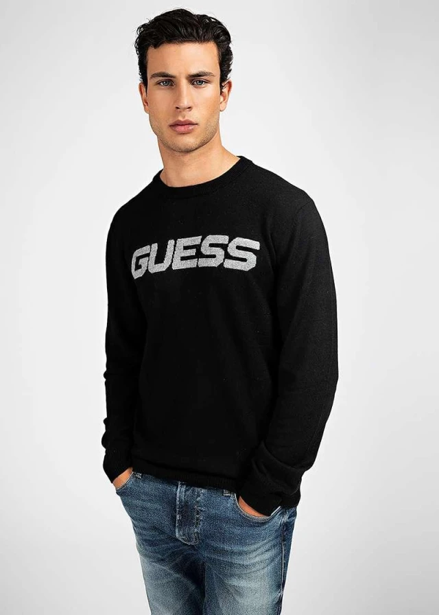 Guess Ls Cn Logo Sweater 1 - Wooly Yarn Ανδρικο Πλεκτο Μαυρο