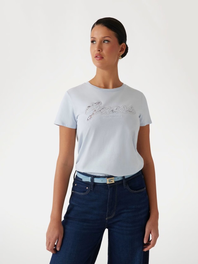 Guess Ss Script Lace Logo Easy Tee Γυναικεια Μπλούζα Σιελ