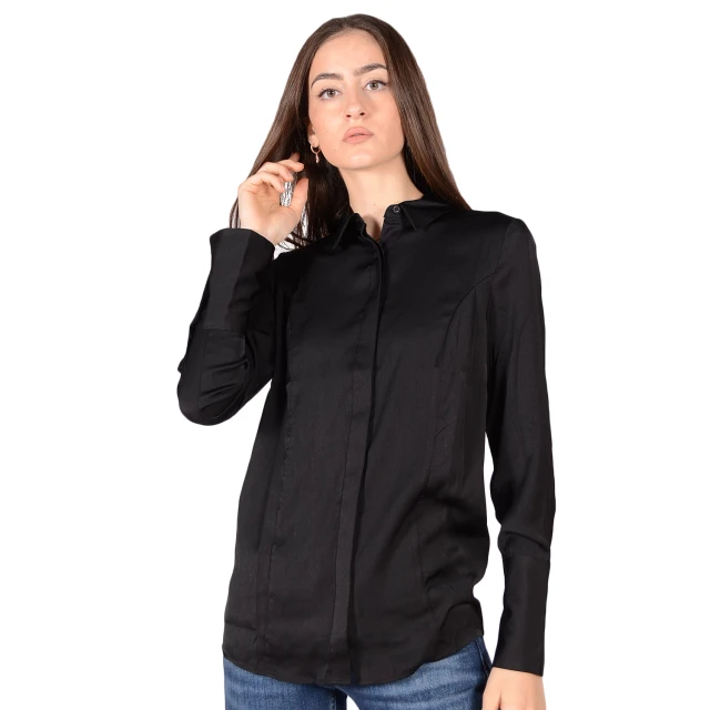 Guess Ls Vivian Shirt - Recycled Sueded Poly Γυναικειο Πουκαμισο Μαυρο