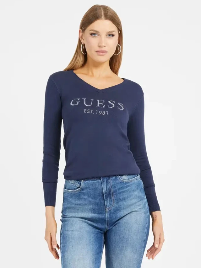Guess Ls Vn Jade Logo Swtr Γυναικείο Πλεκτό Μπλε