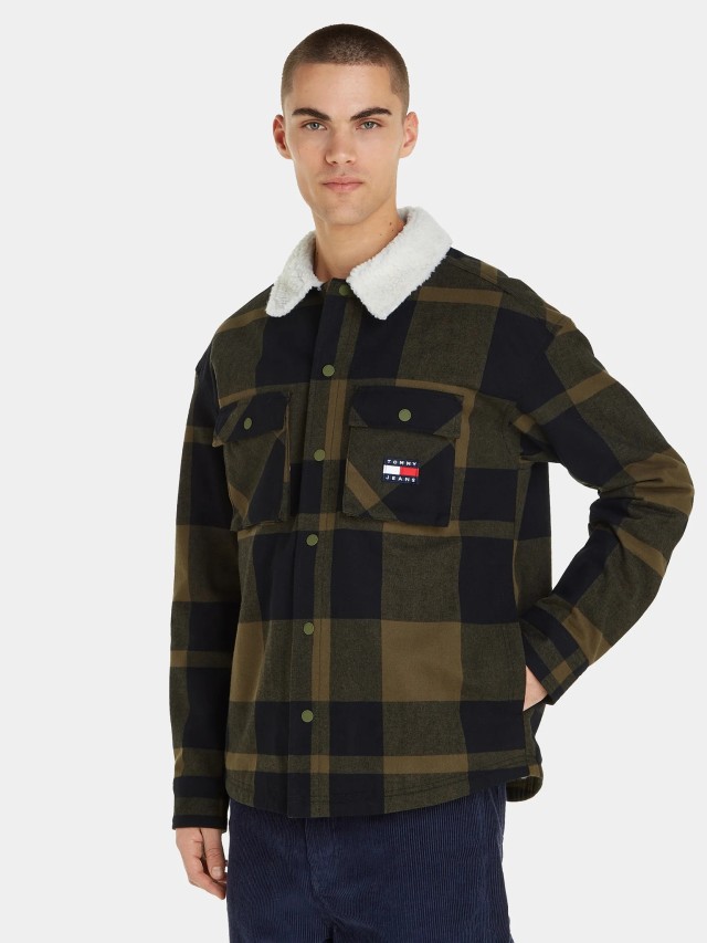 Tommy Hilfiger TJM CHECK SHERPA LINED OVERSHIRT Ανδρικό Πουκαμισο Fleece Χακι Καρό