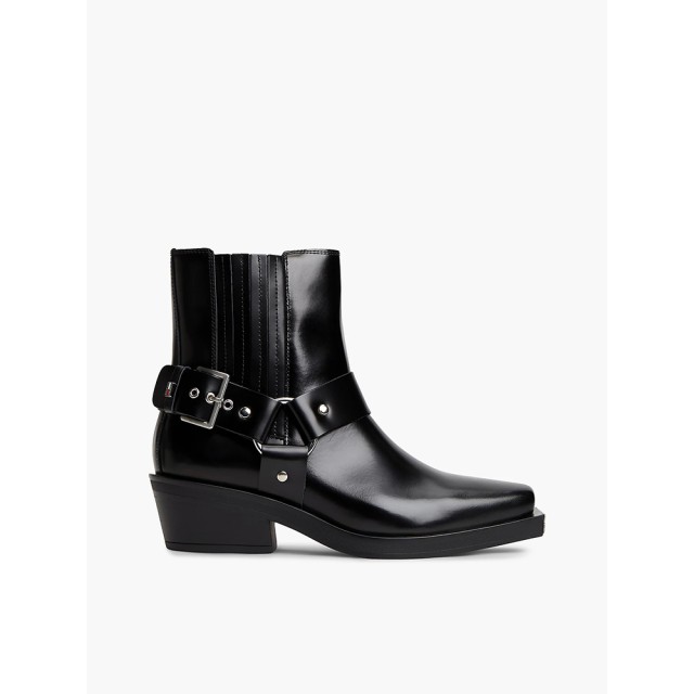 Tommy Hilfiger Tjw Buckle Leather Cowboy Boots Γυναικεία Δερμάτινα Μποτάκια Μαύρα