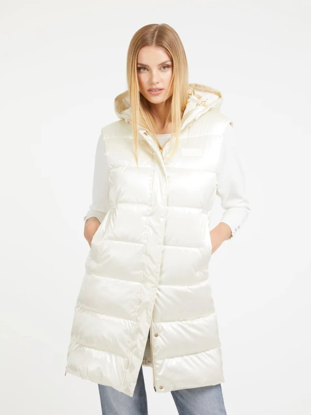 Guess Noemi Padded Long Ve Γυναικείο Μπουφάν Εκρου