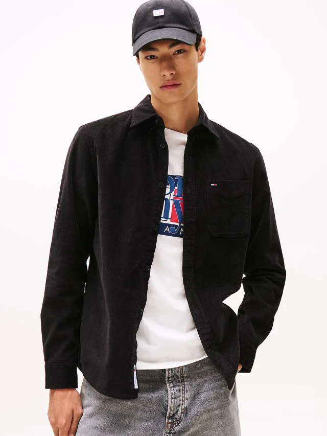 Tommy Hilfiger Tjm Reg Baby Cord Shirt Ext Ανδρικό Πουκάμισο Κοτλε Μαύρο