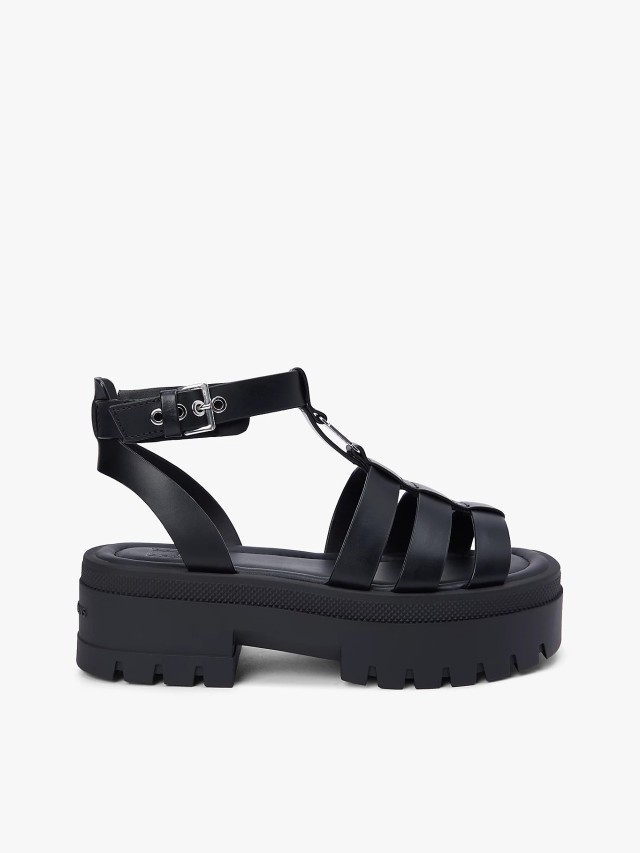 Tommy Hilfiger Tjw Fisherman Leather Max Sandal Γυναικεία Δερμάτινα Σανδάλια Μαύρα