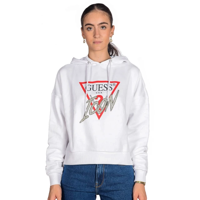 Guess Iconic Hood Sweatshirt Γυναικεια Φουτερ Λευκη