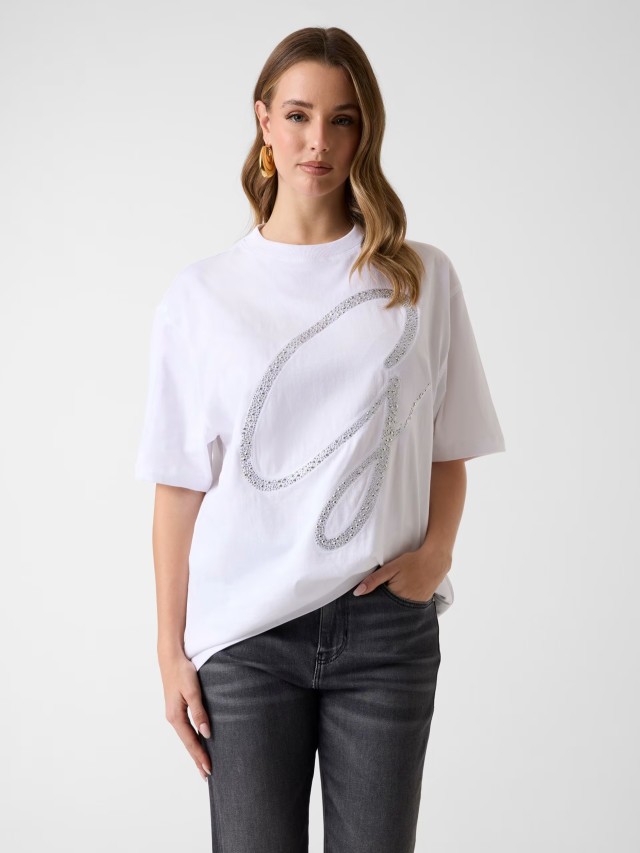 Guess Ss Cn Maxi G Studs Tee Γυναικεία Μπλούζα Λευκή