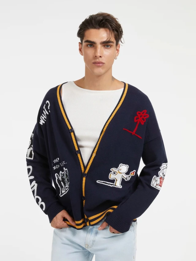 Guess Ls Patch Mix Caleb Cardigan Ανδρικη Ζακετα Πλεκτη Μπλε