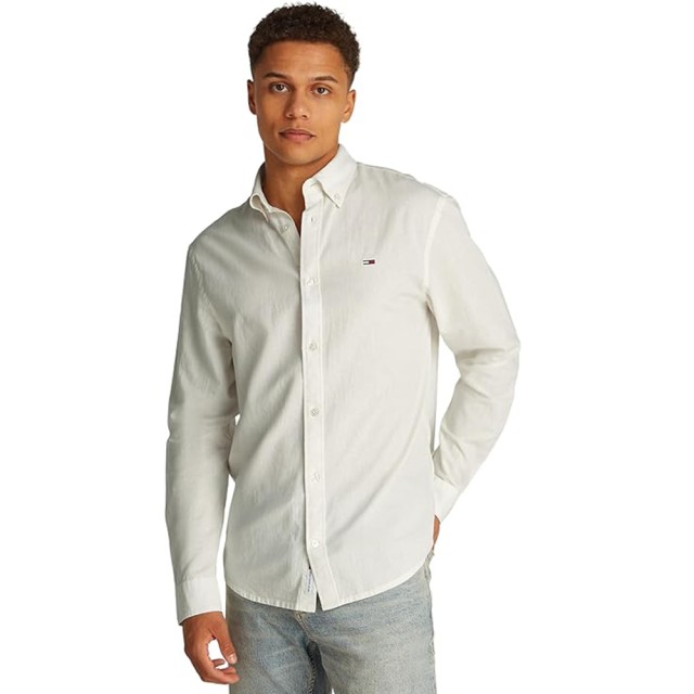 Tommy Hilfiger Tjm Reg Linen Blend Ls Shirt Ext Ανδρικό Πουκάμισο Λινό Λευκο