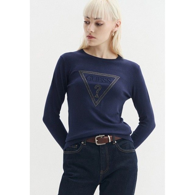 Guess Ls Cn Katie Triangle Logo Swtr Γυναικεία Πλεκτο Mπλε