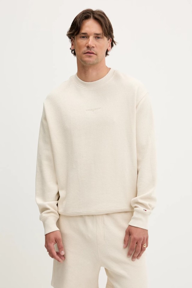 Tommy Hilfiger Tjm Rlx Waffle Script Crew Ανδρικό Φούτερ Μπεζ
