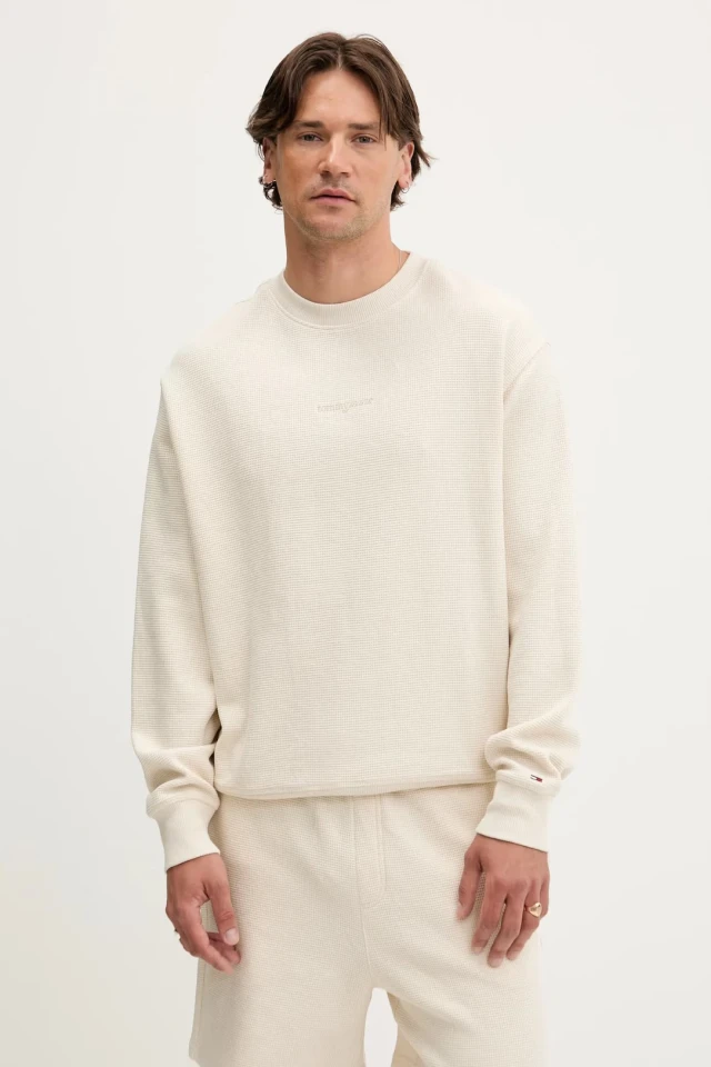 Tommy Hilfiger Tjm Rlx Waffle Script Crew Ανδρικό Φούτερ Μπεζ