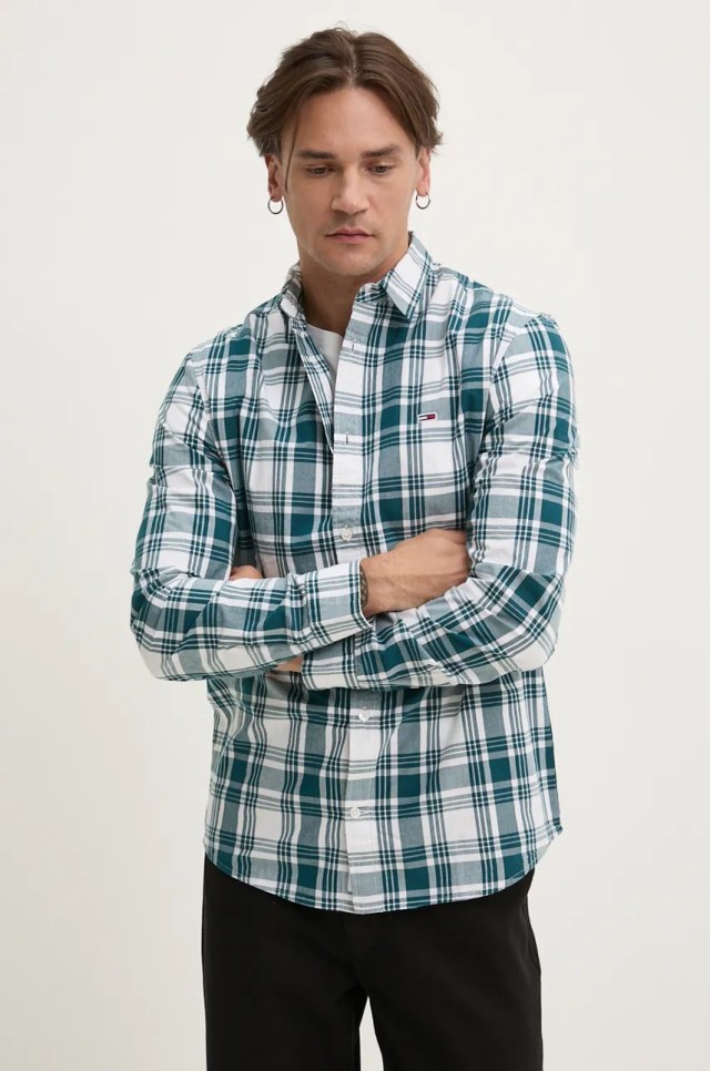 Tommy Hilfiger Tjm Reg Poplin Check Shirt Ανδρικό Πουκάμισο Πράσινο