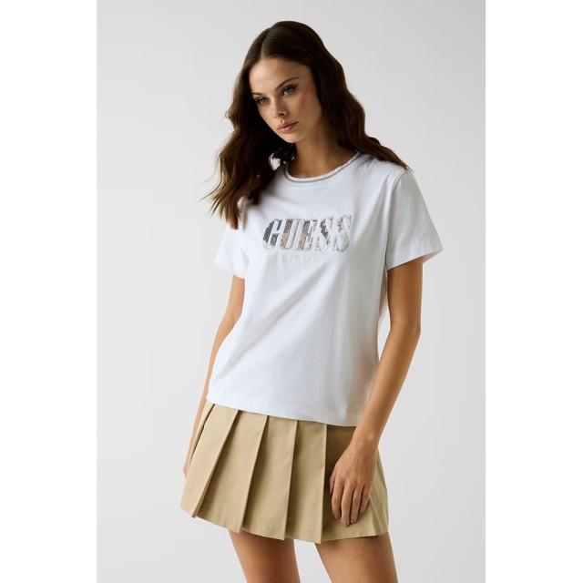 Guess Ss Cn Sequins Big Logo Tee Γυναικεία Μπλούζα Λευκή