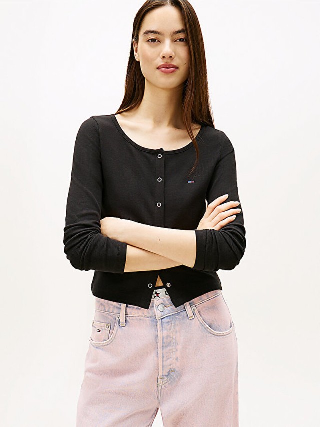 Tommy Hilfiger Tjw Slim Rib Snap Button Ls Γυναικεία Ριπ Ζακετα Μαύρη