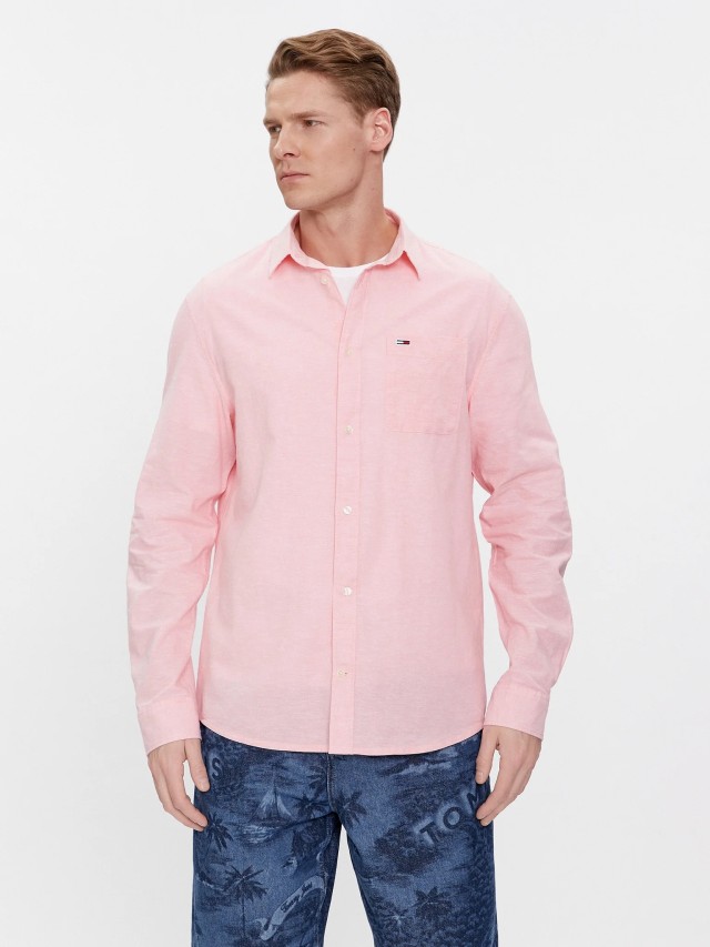 Tommy Hilfiger Tjm Reg Linen Blend Shirt Ανδρικό Πουκάμισο Λινό Ροζ