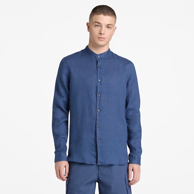 Timberland Linen Korean Collar Shirt Oceana Ανδρικό Λινό Πουκάμισο Μπλε