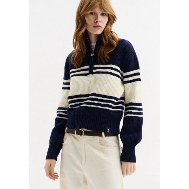 Guess Guessxns - Ls Half Zip Mariner Γυναικείο Ριγέ Πλεκτο Μπλε