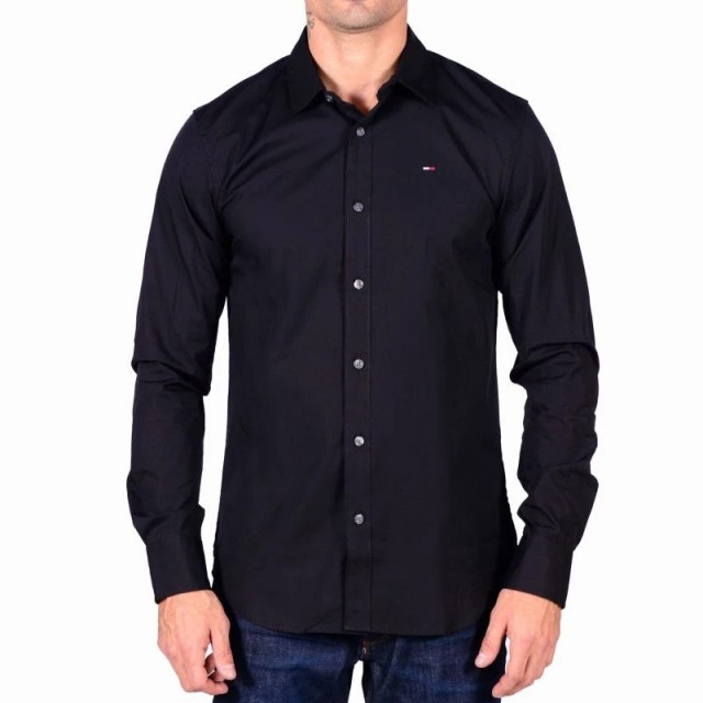 Tommy Hilfiger Tjm Original Stretch Shirt Ανδρικο Πουκαμισο Μαυρο