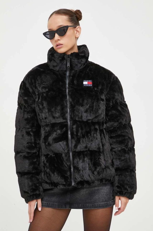 Tommy Hilfiger Tjw Faux Fur Puffer Γυναικείο Μπουφάν Γουνα Μαύρο