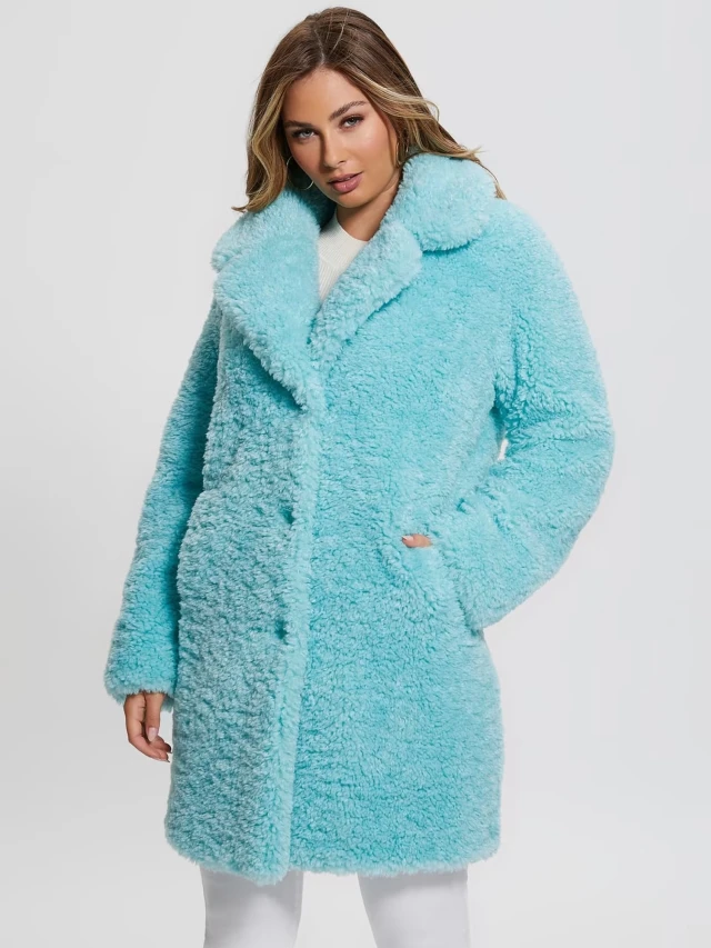 Guess New Alina Coat Γυναικεία Γουνα Τιρκουαζ