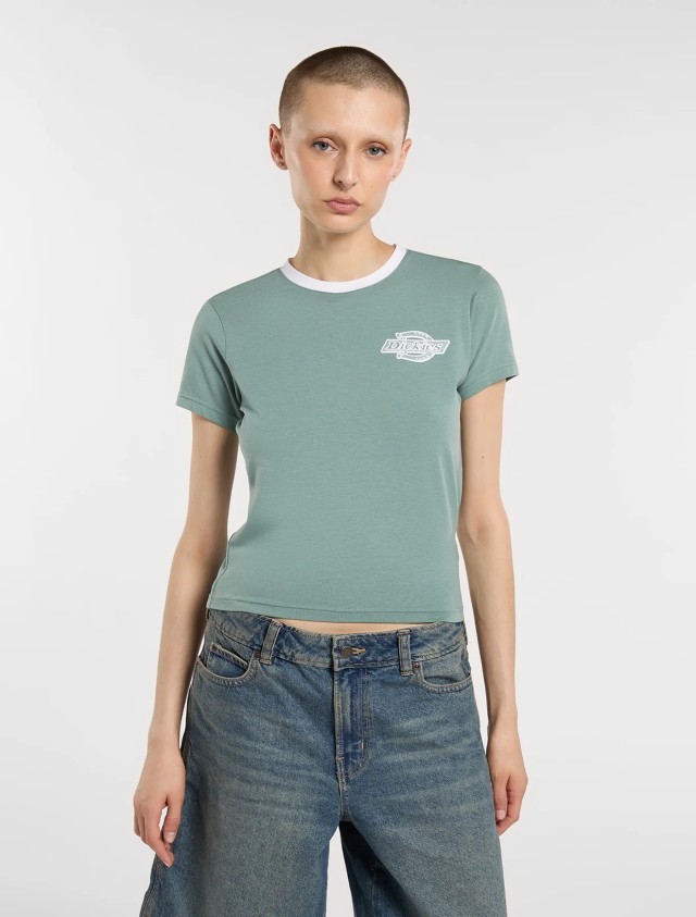 Dickies Plainville Ringer Tee W White Γυναικεία Μπλούζα Πράσινη