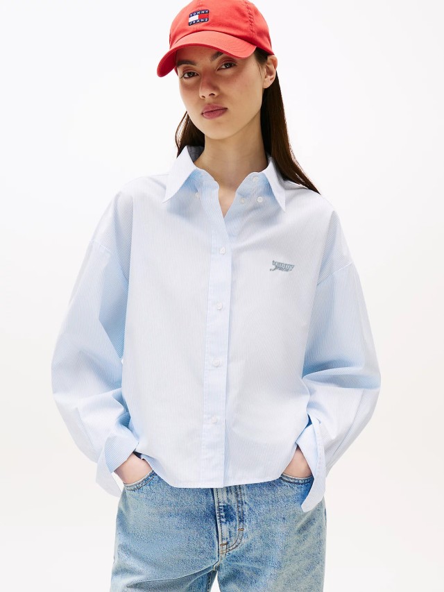 Tommy Hilfiger Tjw Reg Crop Stripe Poplin Shirt Γυναικείο Πουκάμισο Ριγέ Σιελ Λευκό