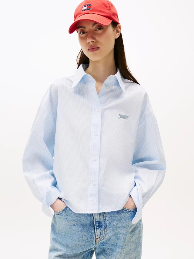 Tommy Hilfiger Tjw Reg Crop Stripe Poplin Shirt Γυναικείο Πουκάμισο Ριγέ Σιελ Λευκό