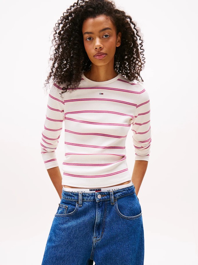 Tommy Hilfiger Tjw Slim Essential Rib Ls Γυναικεία Μπλούζα  Ριγέ Λευκό Kόκκινο