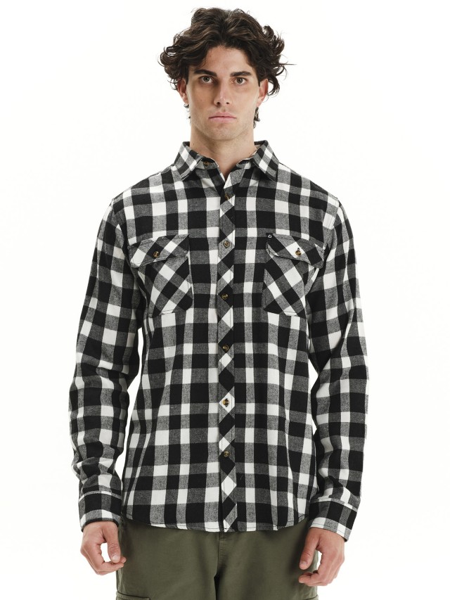 Emerson Mens Button Down Flannel Shirt Ανδρικό Πουκάμισο Ασπρο Μαύρο