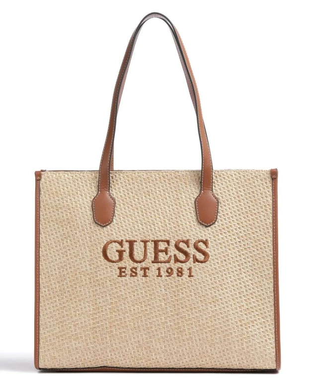 Guess Silvana Girlfriend Tote Γυναικεία Τσάντα Ψαθα Μπεζ