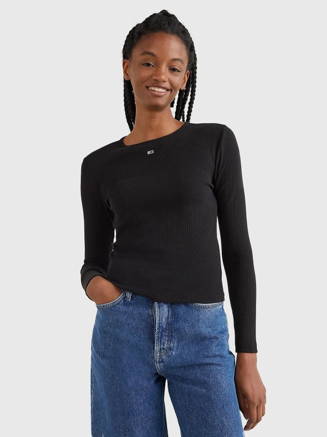 Tommy Hilfiger Tjw Baby Rib Jersey C-Neck Ls Γυναικεία Μπλούζα Μαύρη