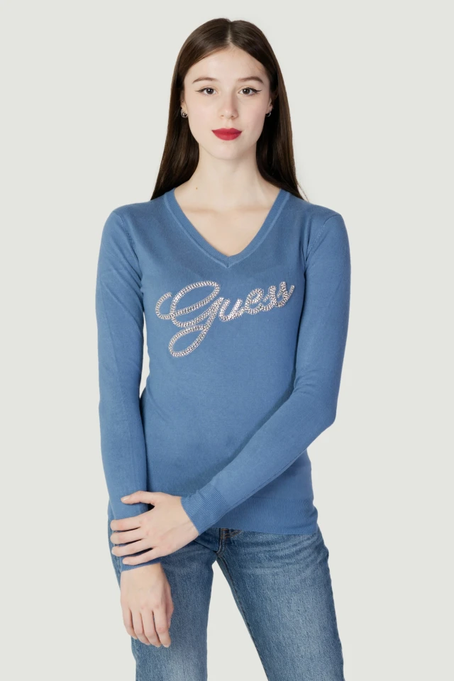 Guess Ls Laure Vn Logo Swtr Γυναικείο Πλεκτό Μπλε