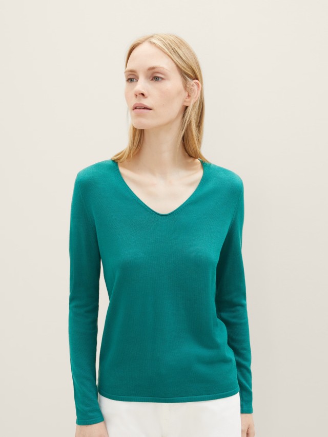 Tom Tailor Sweater Basic V-Neck Γυναικείο Πλεκτό Πράσινο