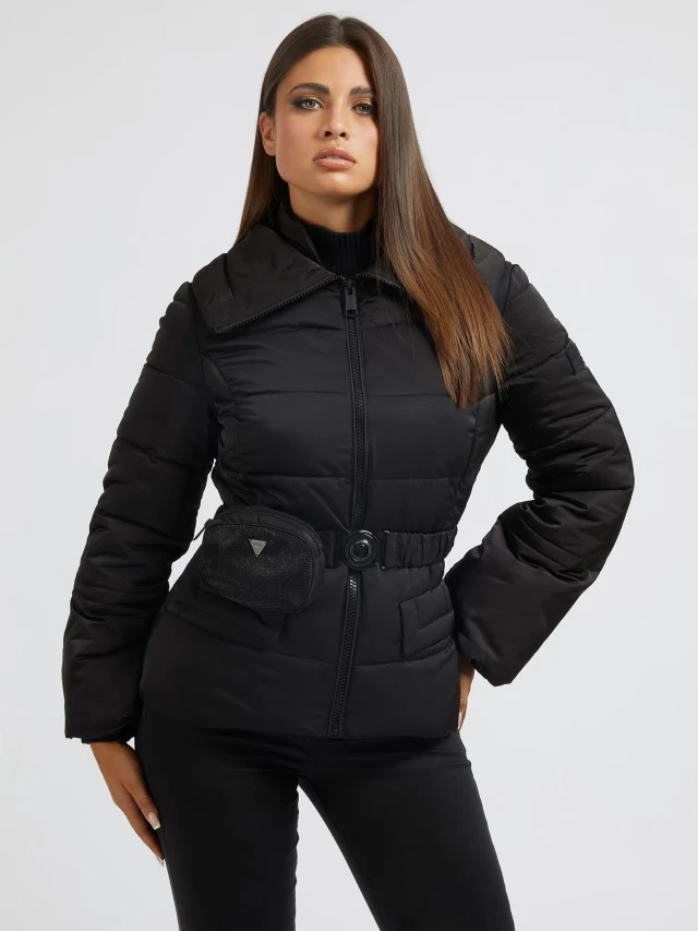 Guess Glitzy Puffa Γυναικειο Μπουφαν Μαυρο