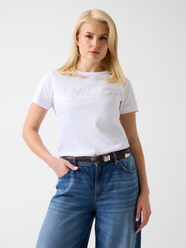 Guess Ss Cn 3d Guess Script Tee Γυναικεία Μπλούζα Λευκή