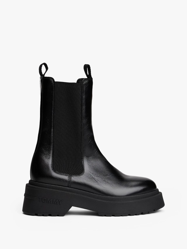 Tommy Hilfiger Tjw Chunky Shiny Leather Chelsea Γυναικεία Δερμάτινες Μπότες Μαύρα