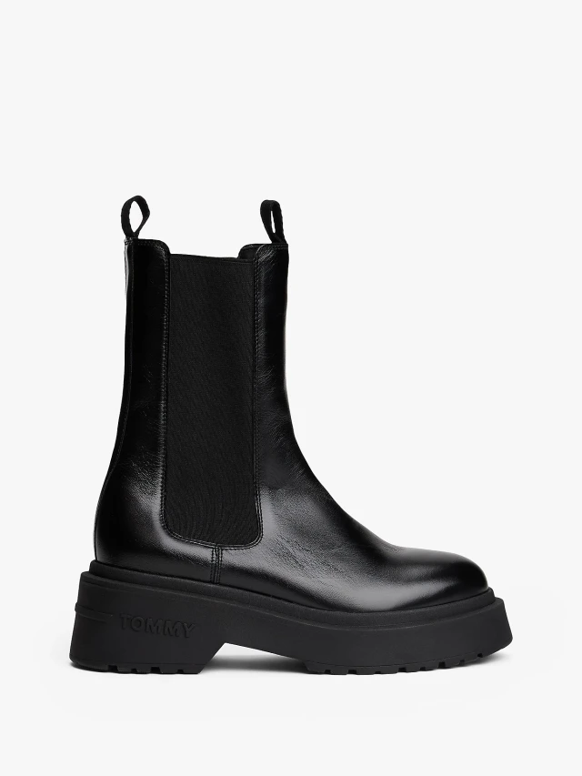 Tommy Hilfiger Tjw Chunky Shiny Leather Chelsea Γυναικεία Δερμάτινες Μπότες Μαύρα