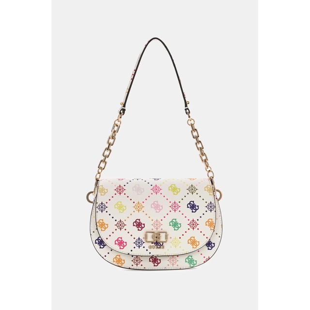 Guess Emelie Logo Flap Shoulder Bag Γυναικεία Τσάντα Multi Εκρού
