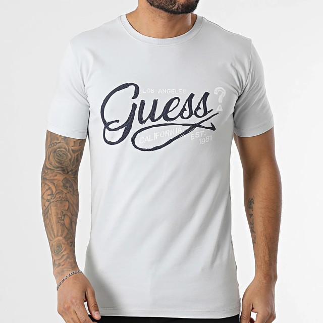 Guess Ss Cn Guess Logo Tee Ανδρική Μπλούζα Γκρι