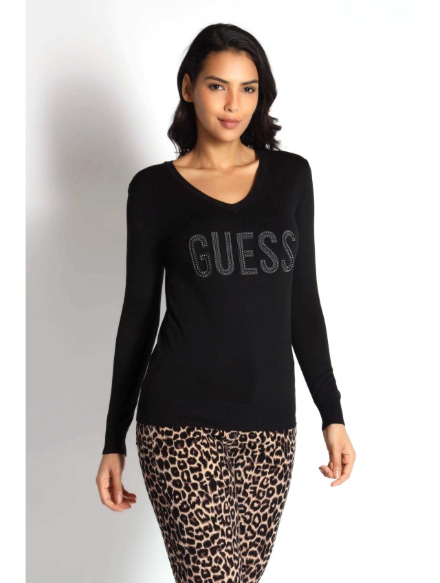 Guess Pascale Vn Ls Sweater  Γυναικειο Πλεκτο Μαυρο