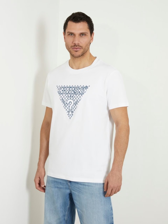 Guess Ss Cn Triangle Embro Tee Ανδρική Μπλούζα Λευκή