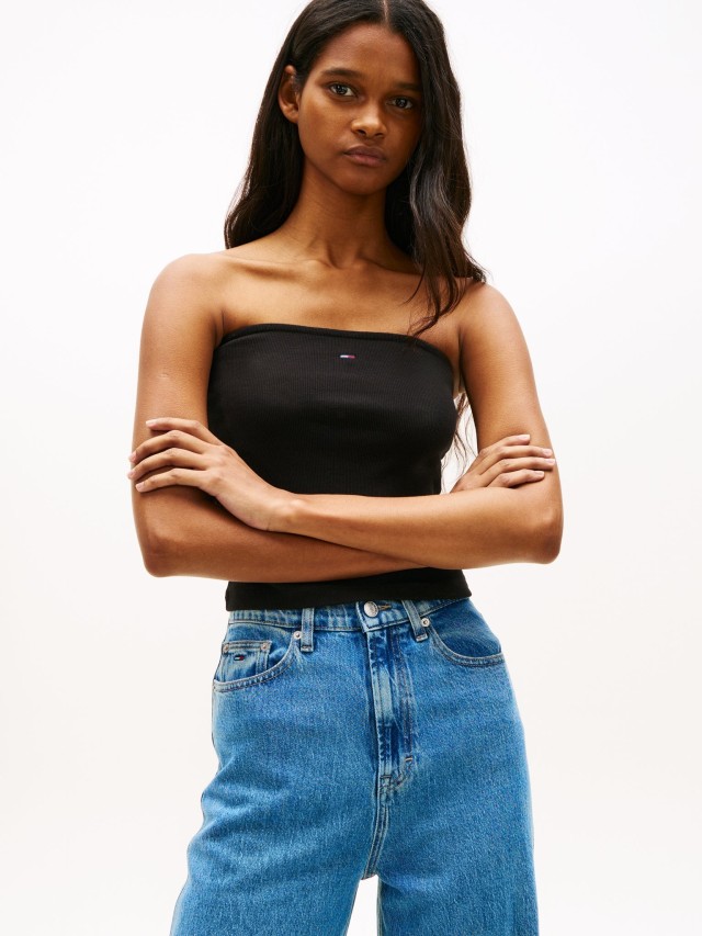 Tommy Hilfiger Tjw Slim Sh Bandeau Rib Top Γυναικεία Μπλούζα Στράπλες Ριπ Μαύρη