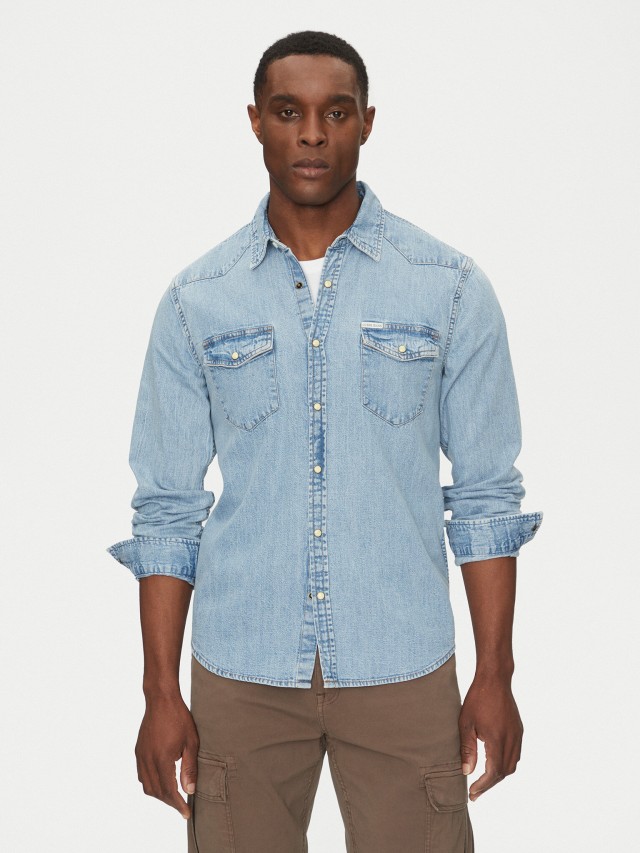 Guess Gj Slim Ls Denim Shirt Ανδρικό Πουκάμισο Τζιν Stone wash