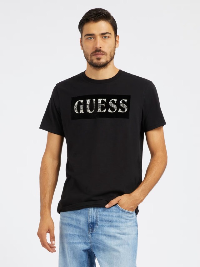 Guess Ss Bsc Guess Velvet Logo Tee Ανδρική Μπλούζα Μαύρη